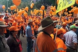 Mine workers outside State Parliament