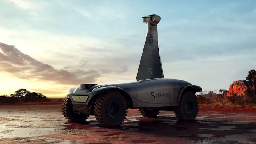 A futuristic looking autonomous security vehicle with four wheels and cameras mounted on top.