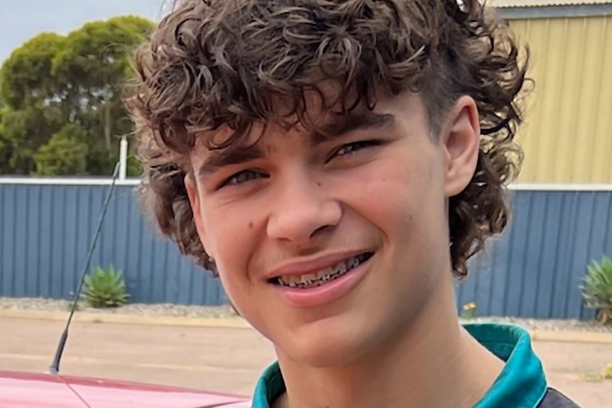 A boy with dark, curly hair and braces.