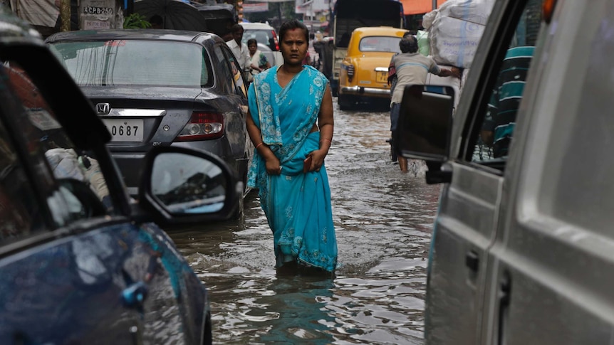 Indian woman in a sari walks in flooded street between cars.