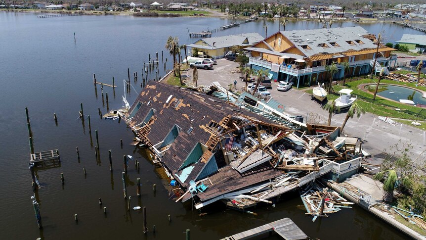 An aerial photo shows damage caused by Hurricane Harvey in Rockport.