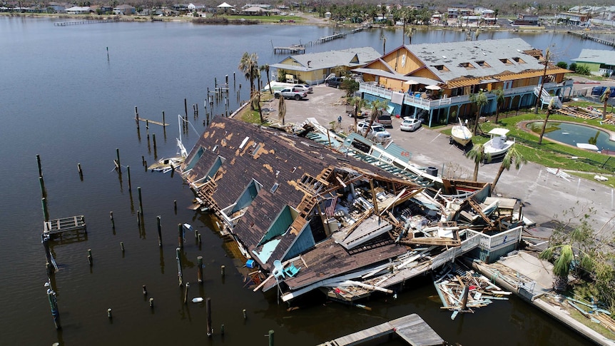 An aerial photo shows damage caused by Hurricane Harvey in Rockport.