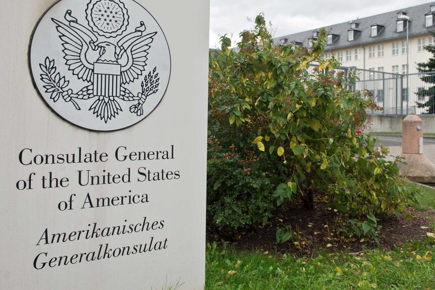 The sign at the front of the United States Consulate General in Frankfur, Germany, Oct. 28 file photo.