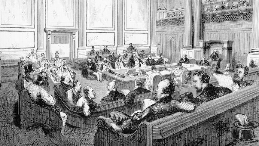 An etching depicts Peter Lalor and others in parliament