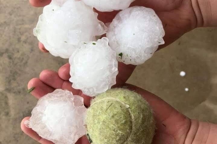 A person holds hail and a tennis ball