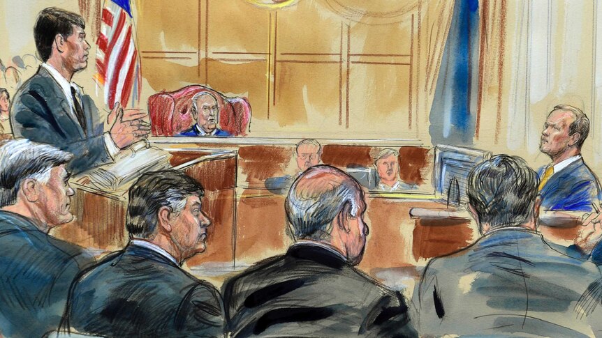 This courtroom sketch depicts Rick Gates, right, answering questions by prosecutor Greg Andres.