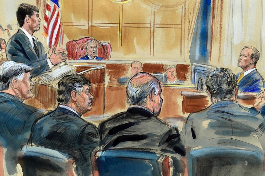 This courtroom sketch depicts Rick Gates, right, answering questions by prosecutor Greg Andres.