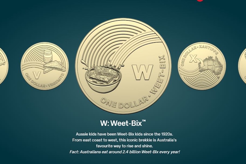 A gold-coloured one dollar coin featuring a bowl of weet-bix and the words "weet-bix".