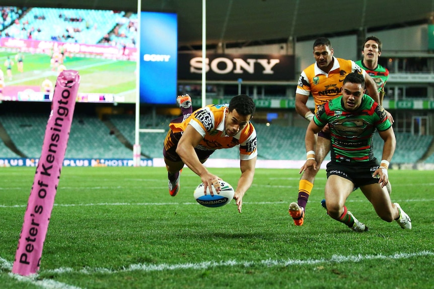 Jordan Kahu scores for the Broncos