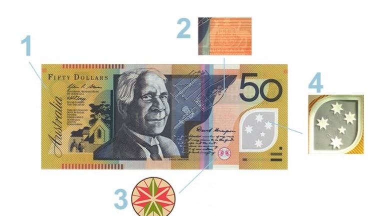 Numbered key features of an Australian bank note.