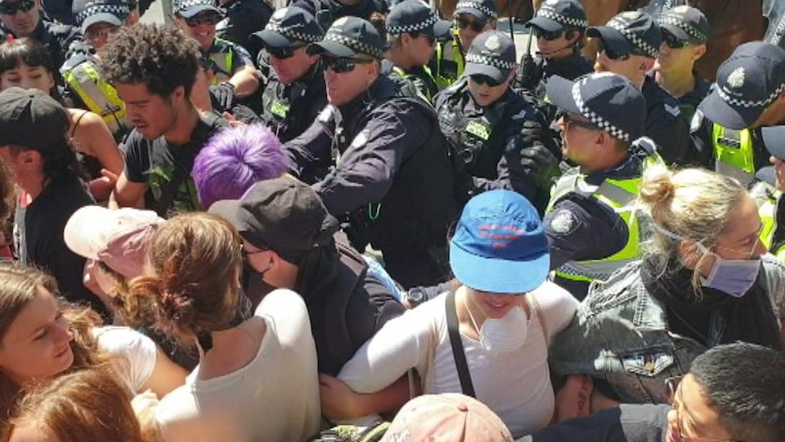 A police officer's hand makes contact with a protester, with purple hair, during a messy scuffle.