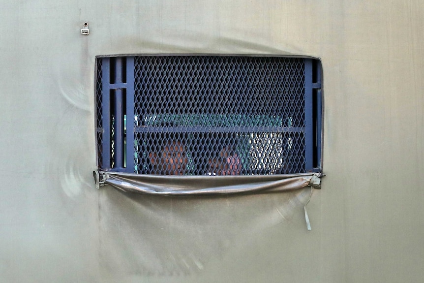 Two Asian faces peer through a grill on a tan coloured truck covered by mesh.