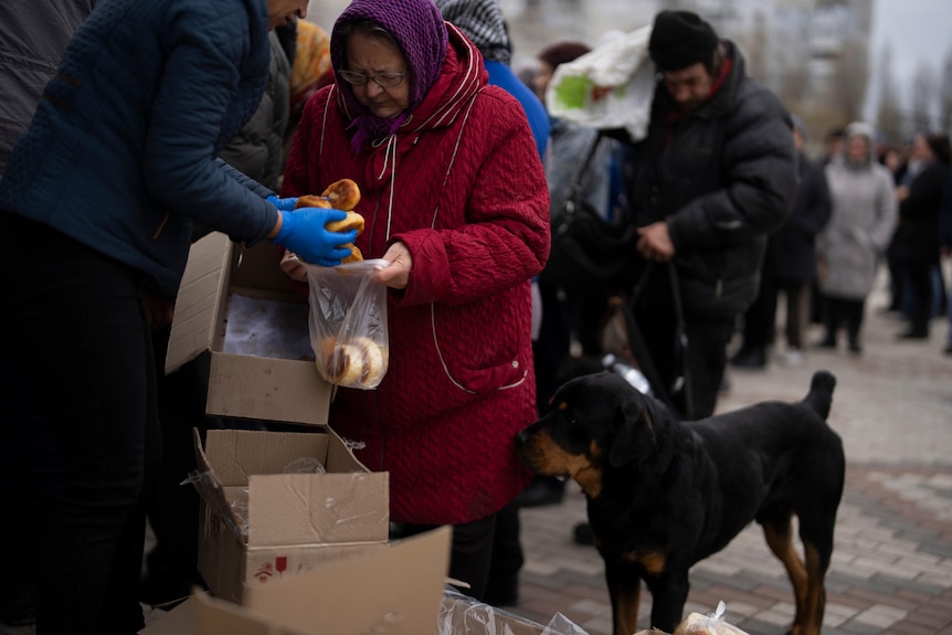 A woman in red coat collects bread in a bag with dog by her side in a line in Ukraine. 