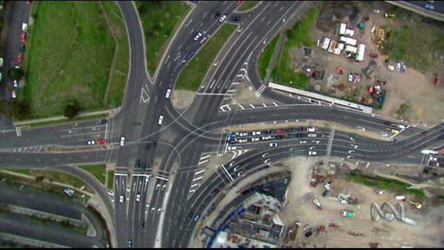 Aerial view of large city highway loop