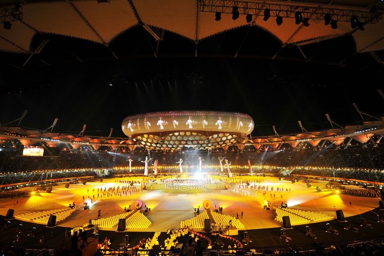 The Jawaharlal Nehru Stadium in New Delhi comes to life during the opening ceremony