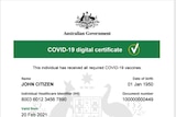 A screenshot of a digital document titled COVID-19 digital certificate