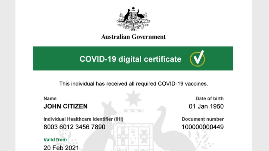 A screenshot of a digital document titled COVID-19 digital certificate