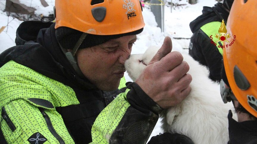 A firefighter with rescued puppy