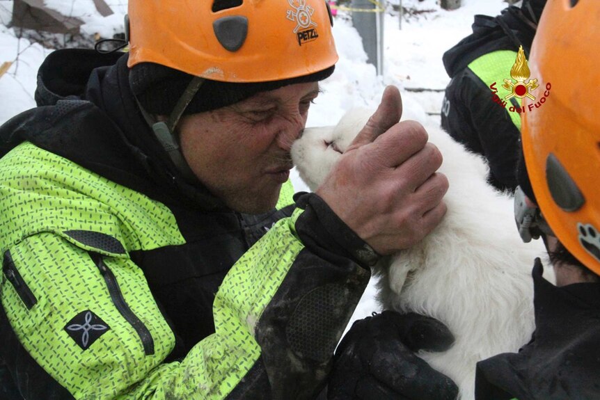 A firefighter with rescued puppy