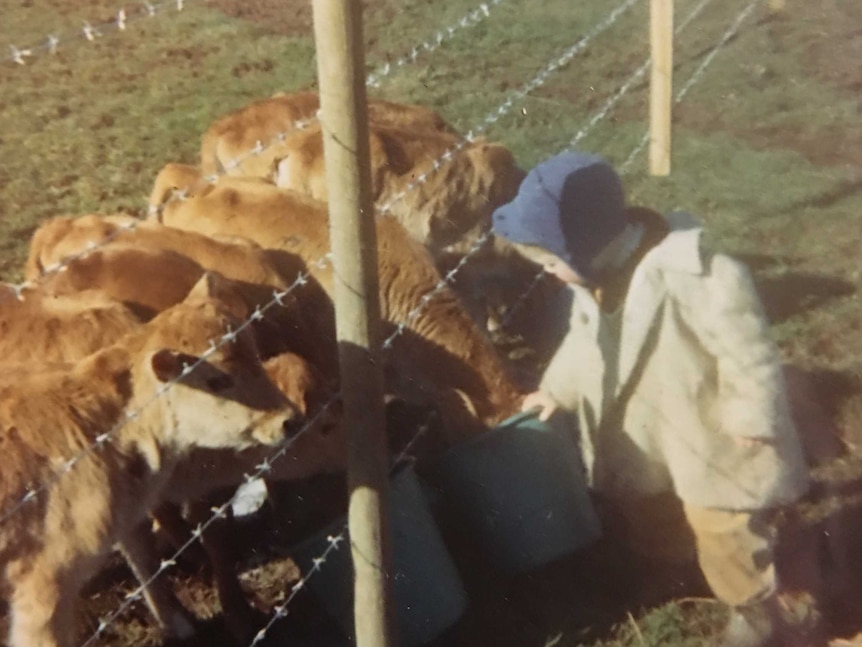 Tim Marwood as a young child helping to feed calves at the family farm