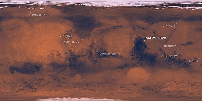 Mars landing sites over image of landscape.