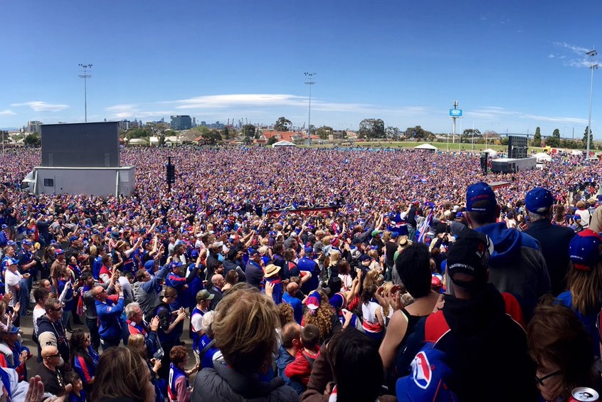 Sea of red, white and blue ... Whitten Oval filled with thousands of Bulldogs fans
