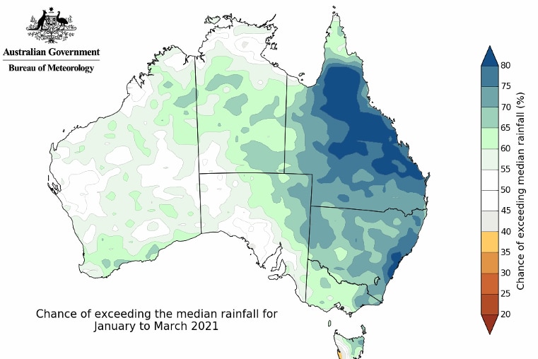 A bureau of meteorology mapof Australia with rainfall likelihood