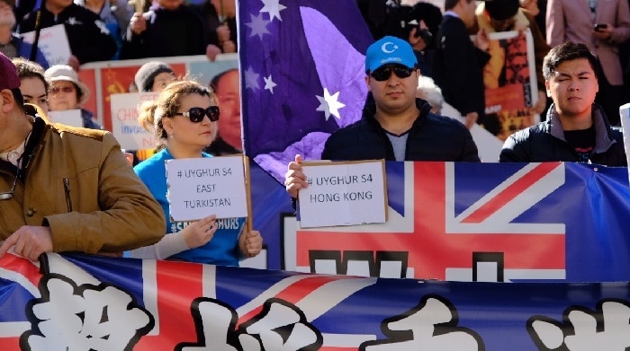 Dozens of protesters hold up signs and flags in English and Mandarin.