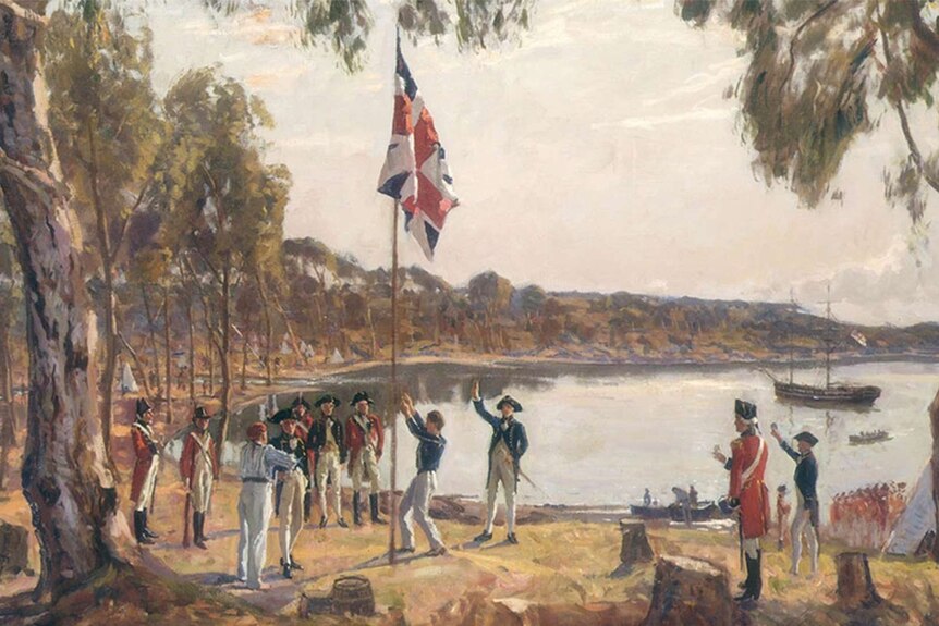 Captain Arthur Phillip raises a flag in Sydney Cove