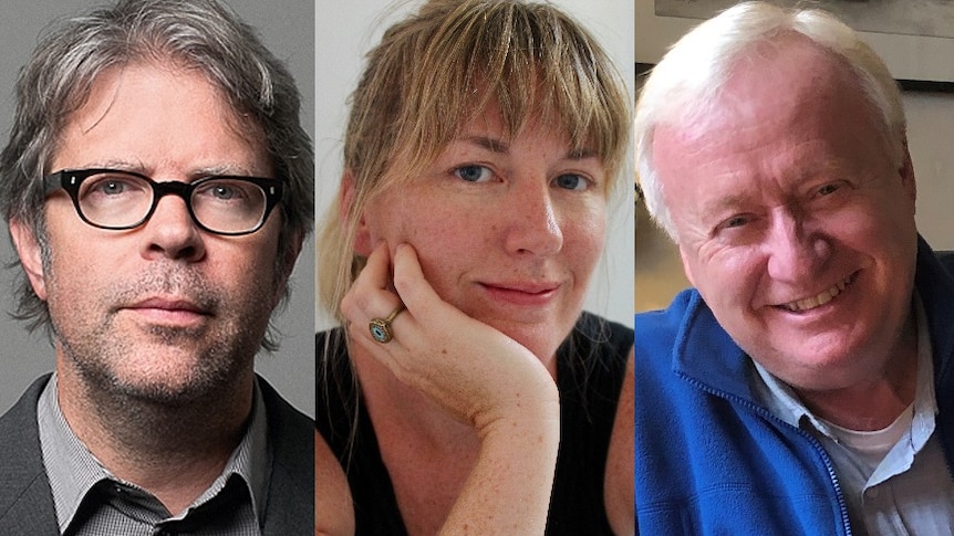 Headshots from L to R of authors Jonathan Franzen, Maggie Shipstead, and Robert Gott