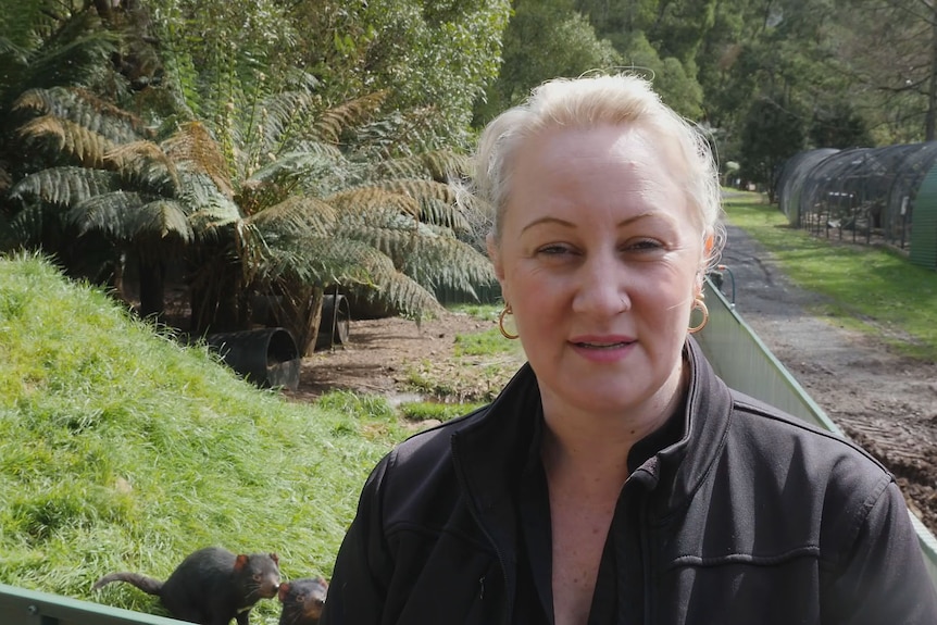 A woman speaking to camera with two Tasmanian devils behind