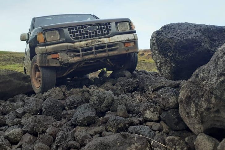 The ute sits on a pile of rubble on Easter Island.