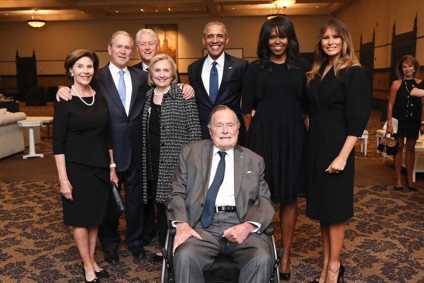 Former presidents and first ladies pose together at Barbara Bush's funeral