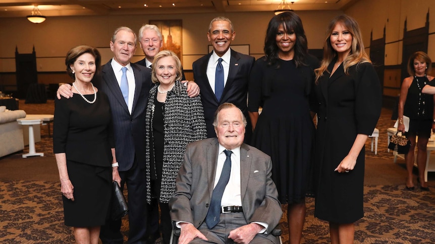 Former presidents and first ladies pose together at Barbara Bush's funeral