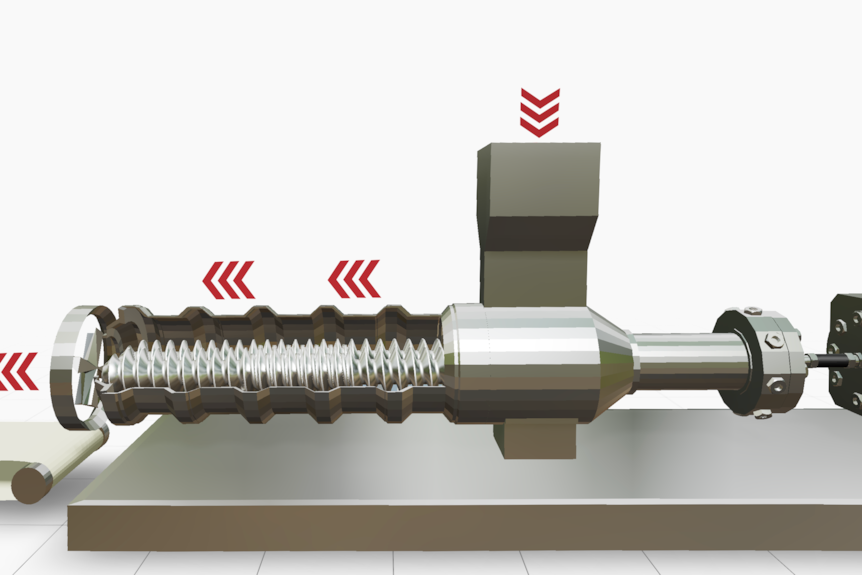 A twin-screw extruder machine is used to product textured vegetable protein.