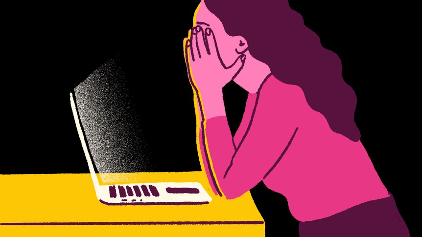 An illustration of a woman looking into the bright screen of a laptop and holding her hands over her face, in tears.