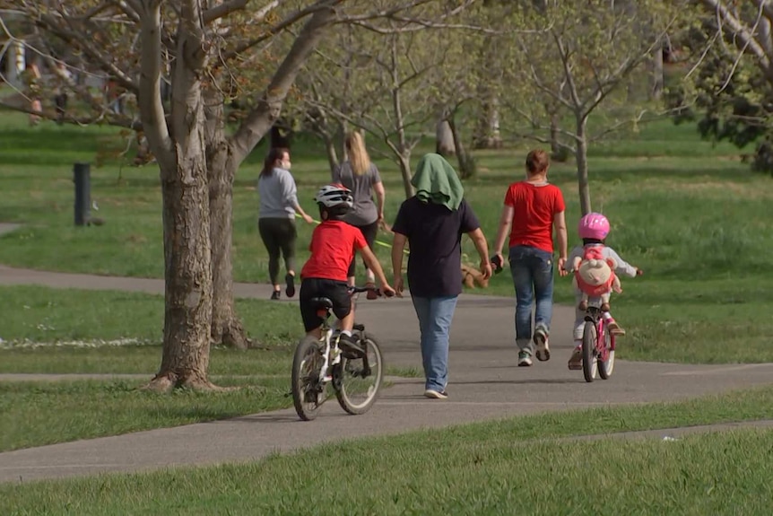 A group of unidentifiable people walk in a park including two children on bikes.