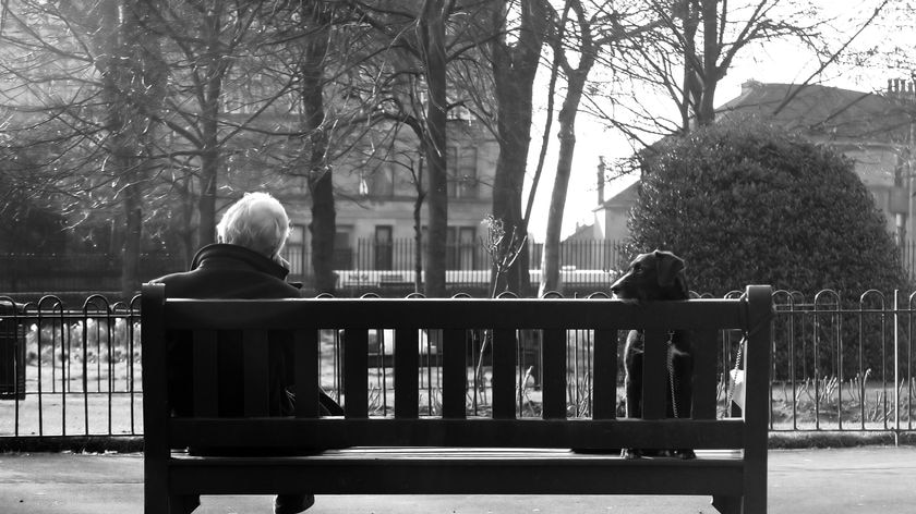 Man sits with dog on park bench