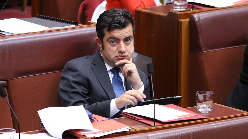 Senator Dastyari slouched in his chair, ipad in lap, looking at camera