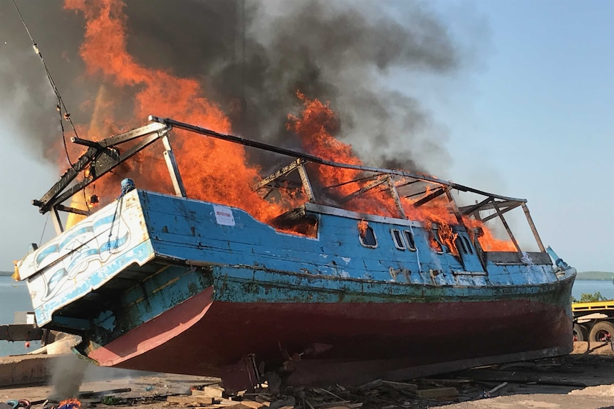 Suspected illegal fishing boat burning in Darwin, November 2019.