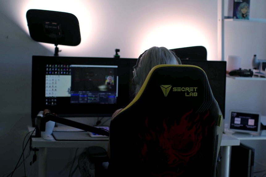 A woman gaming on her computer from behind. 