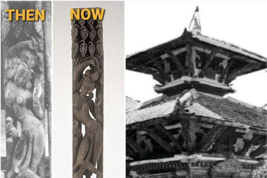 A before and after picture of the temple where the image was stolen from. Some pictures are black and white