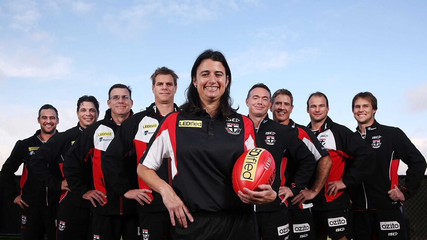 New Saints Development coach Peta Searle (front), the AFL's first female assistant coach.