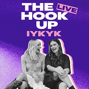 Cut out of two women laughing overlayed ontop of a purple background with the text The Hook Up Live IKYK