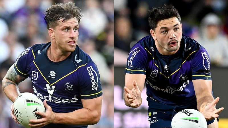 A composite image of two Melbourne Storm NRL players during the 2021 season.