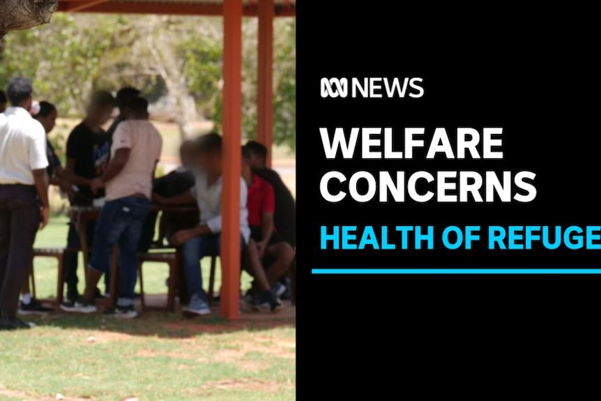 Welfare Concerns, Health of Refugees: A group of people with blurred faces under a shelter.