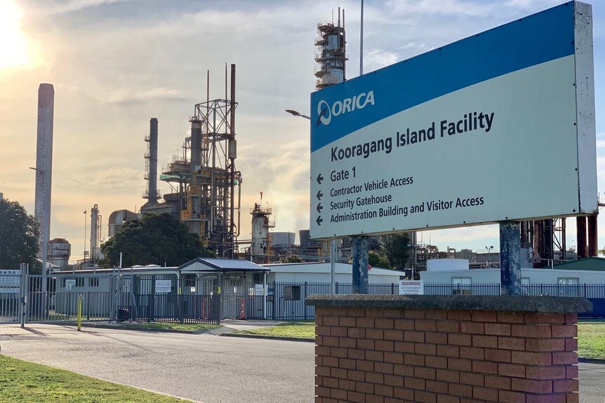 The front entrance of Kooragang plant with Orica sign out front and factory in the background