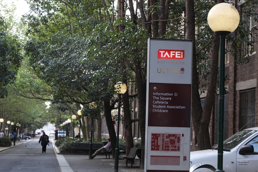 a sign that reads TAFE at the Sydney Institute of TAFE campus in Sydney