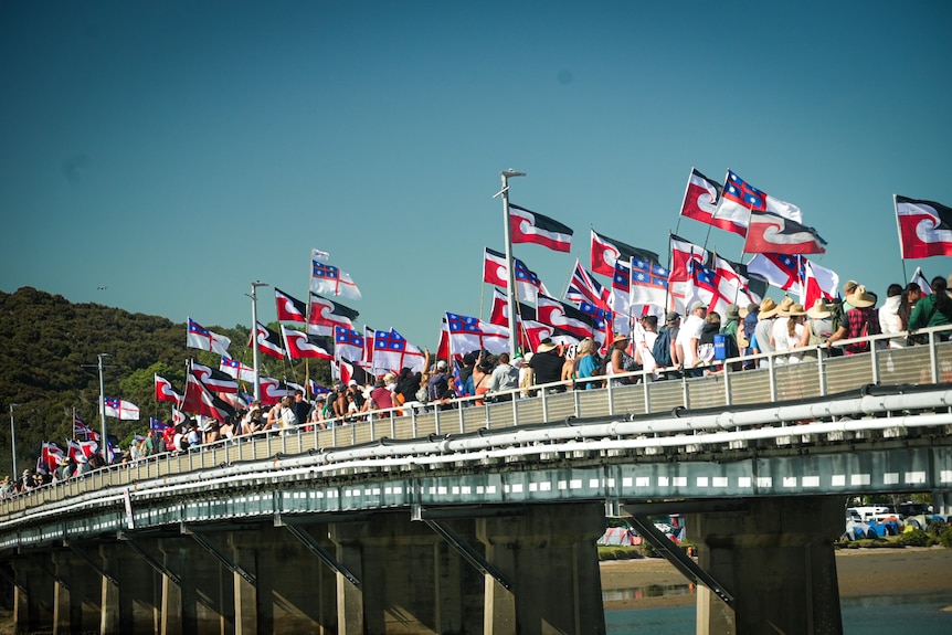 A crowd of people waving flags cross a bridge