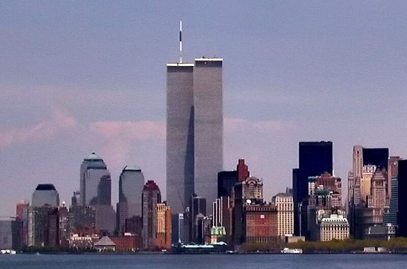 The Twin Towers, photographed from across the Hudson River, were a distinctive part of the Manhattan skyline before they fell
